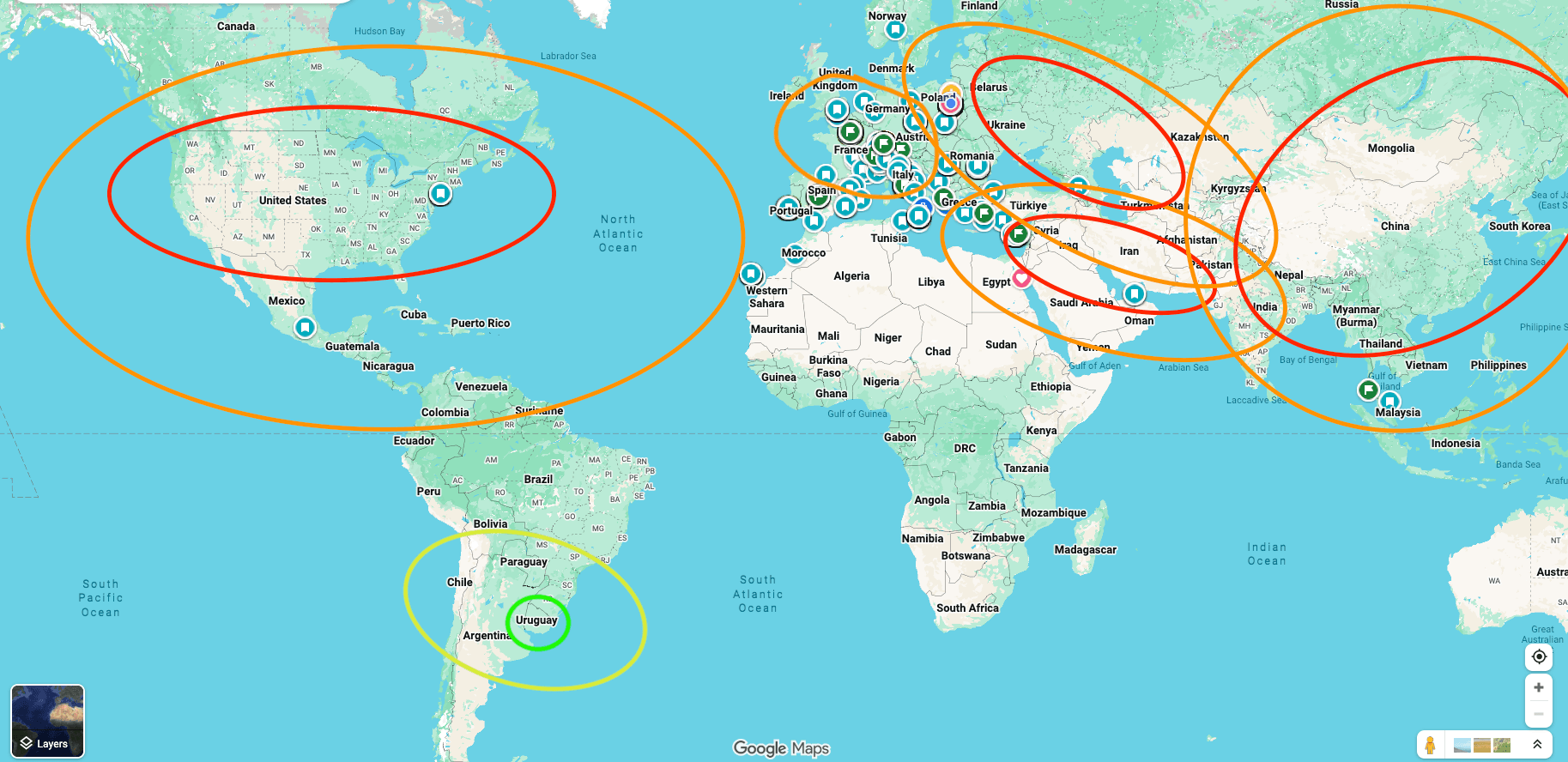 Geo map showing Uruguay's distance from major conflict frontlines